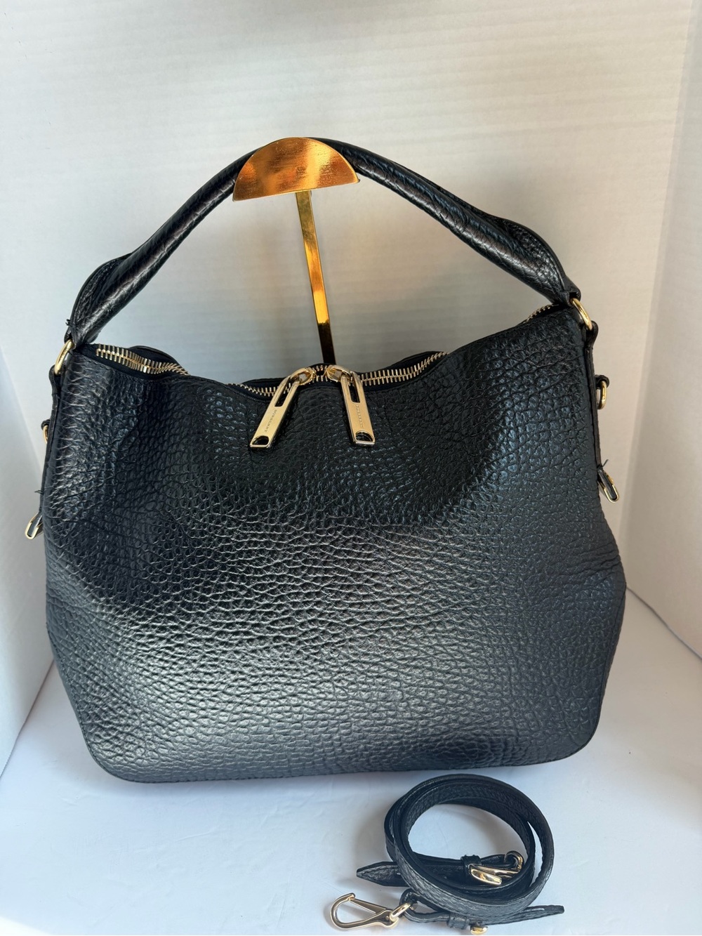 Burberry Black Pebbled Leather Hobo Shoulder Bag with Gold Hardware